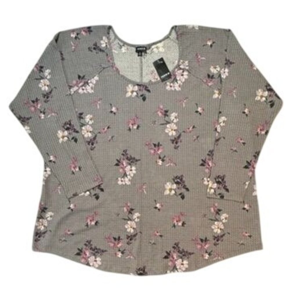 Torrid Floral Waffle Knit Top Sz 5 Gray Multicolor Long Sleeve Scoop Neck NEW